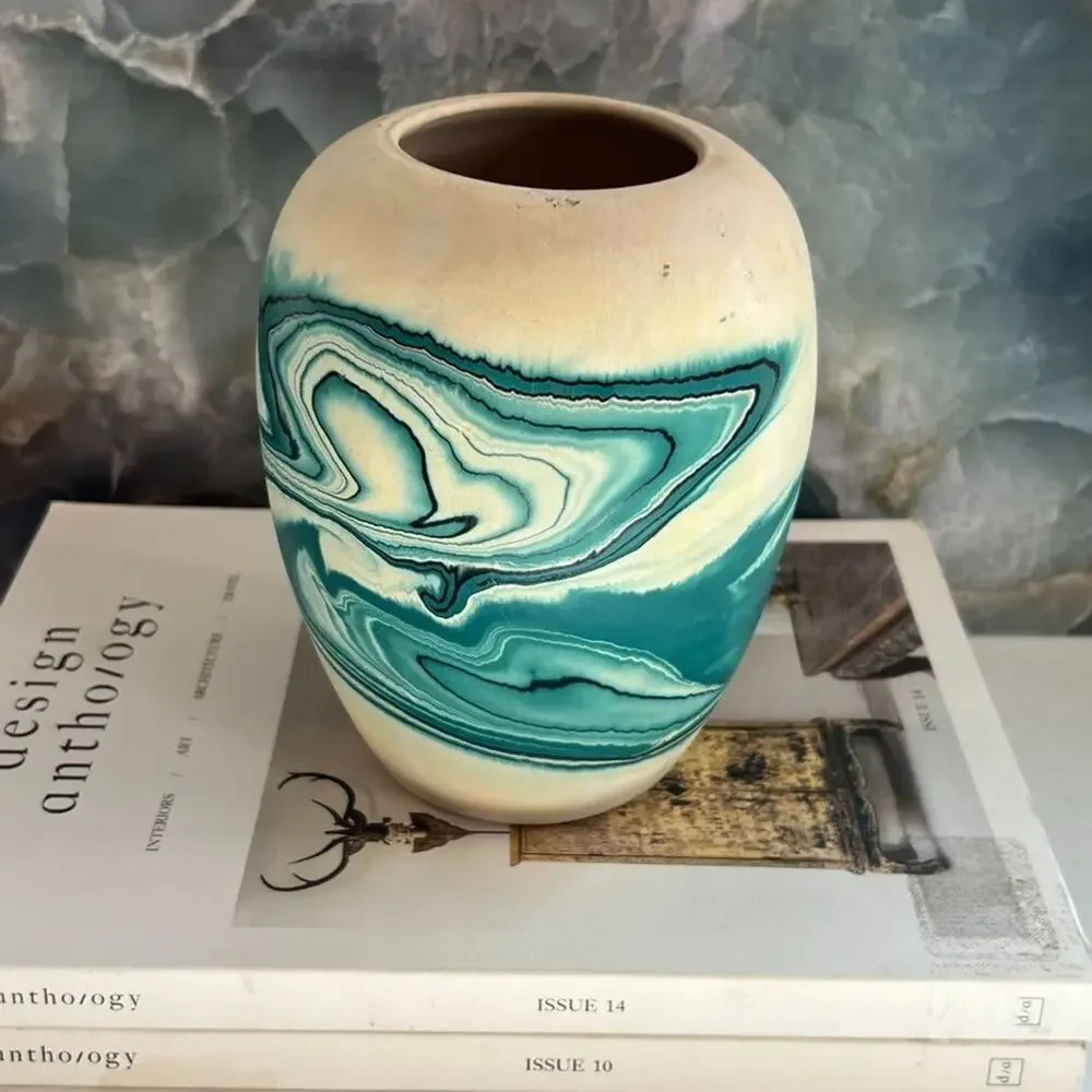 Nemadji Vase Pottery 6.5 x 5 in Round Ivory & Blue Swirl Hand Painted